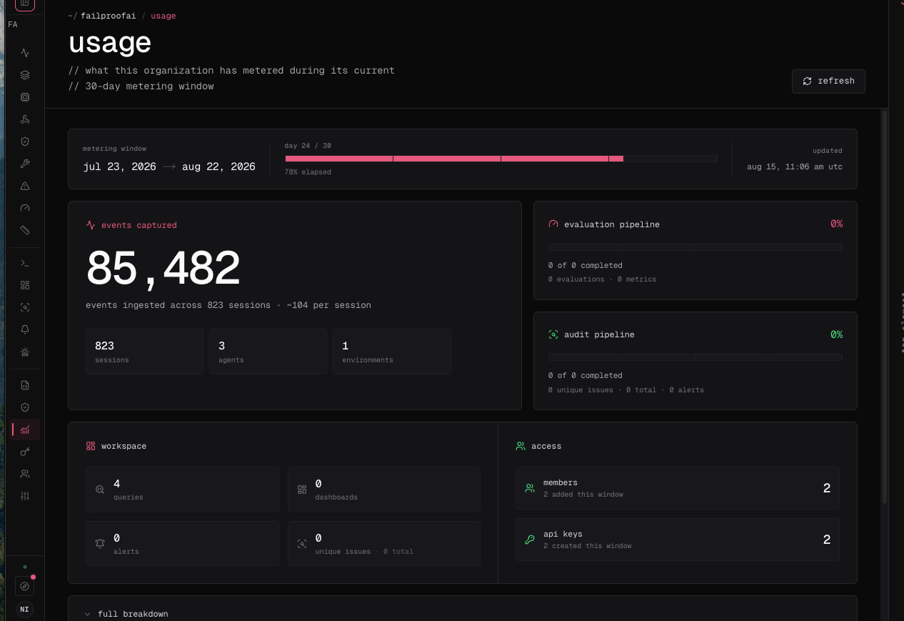 The Usage page showing the metering window, captured events, evaluation and audit pipelines, workspace resources, members, and API keys.