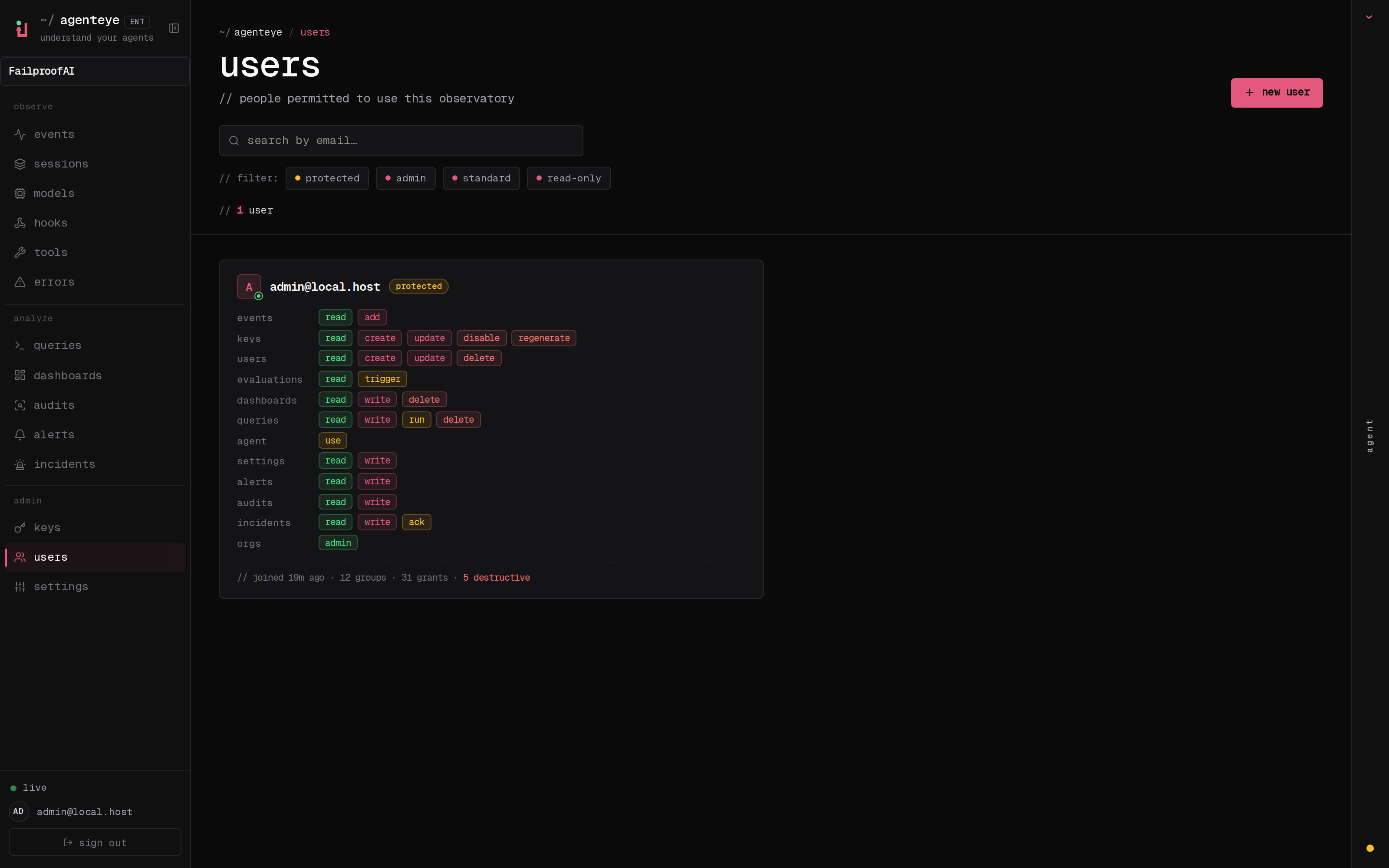 The Users page showing member email addresses, permission sets, and edit and disable controls.