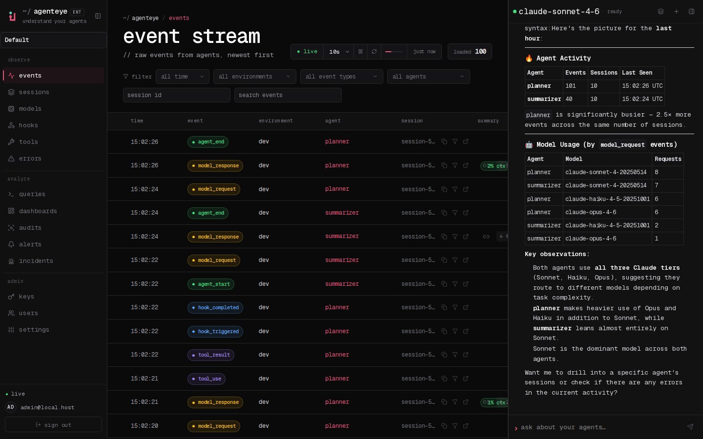 Trợ lý Failproof AI Observability trả lời một câu hỏi bằng tiếng Anh thuần túy bên trong bảng điều khiển, hiển thị bảng Hoạt động Agent trực tiếp, phân tích sử dụng mô hình theo từng agent và các điểm chính, cùng với các truy vấn mà nó chạy được hiển thị inline