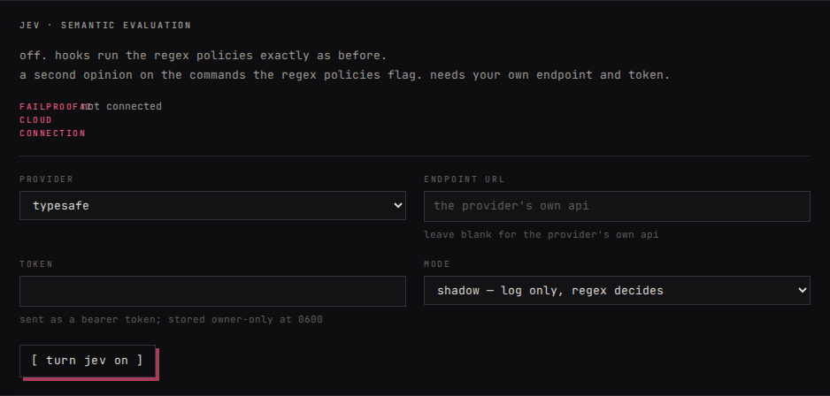 The local dashboard's Jev settings: provider, endpoint, token, and observe mode before turning Jev on.