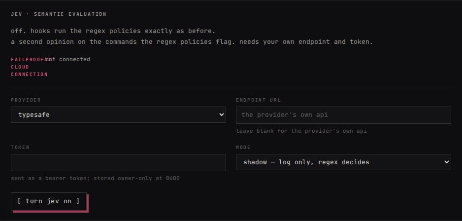 The local dashboard's Jev settings: provider, endpoint, token, and observe mode before turning Jev on.