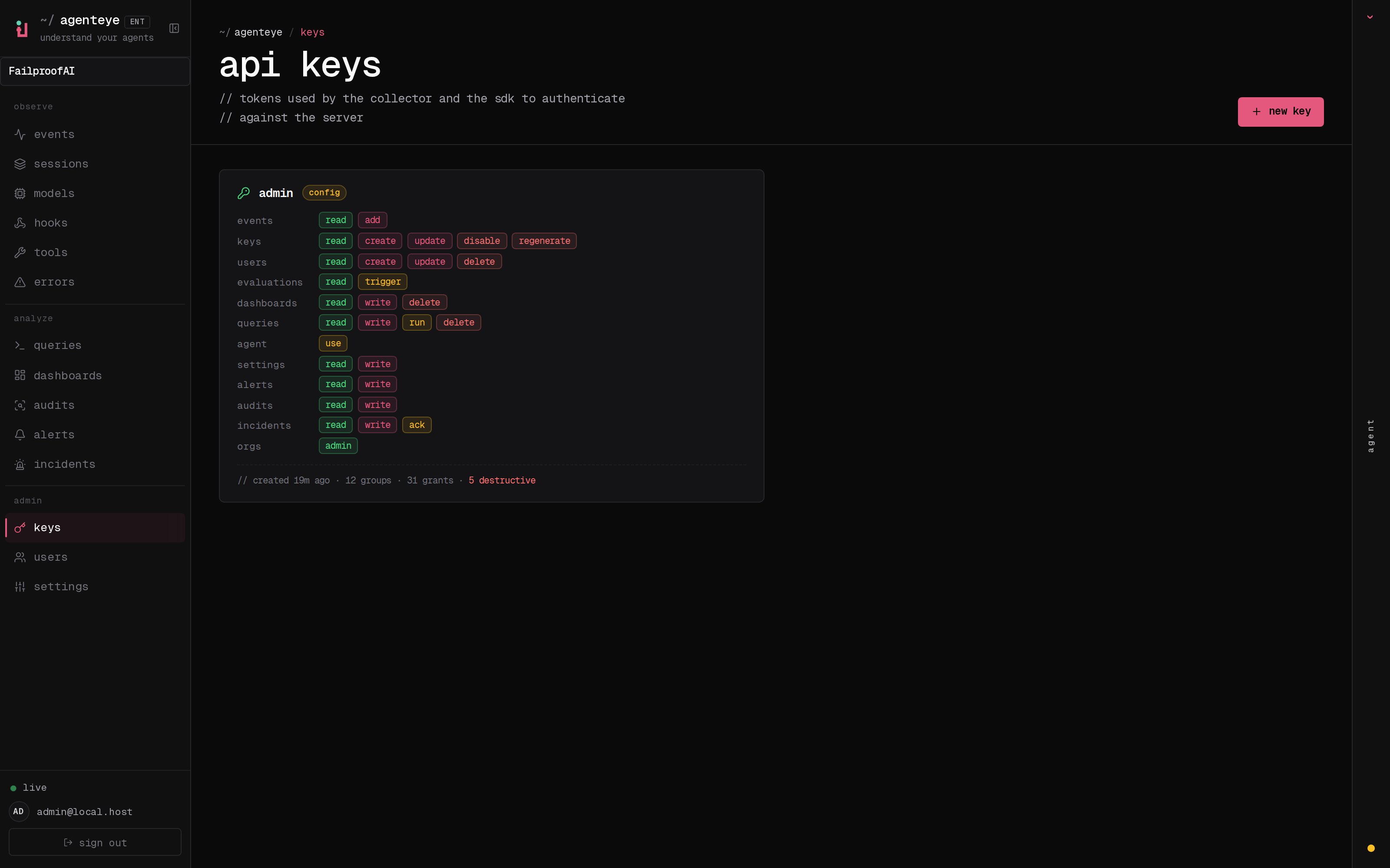 The API keys page: each key's permission grants, colour-coded by read, write, and destructive scope