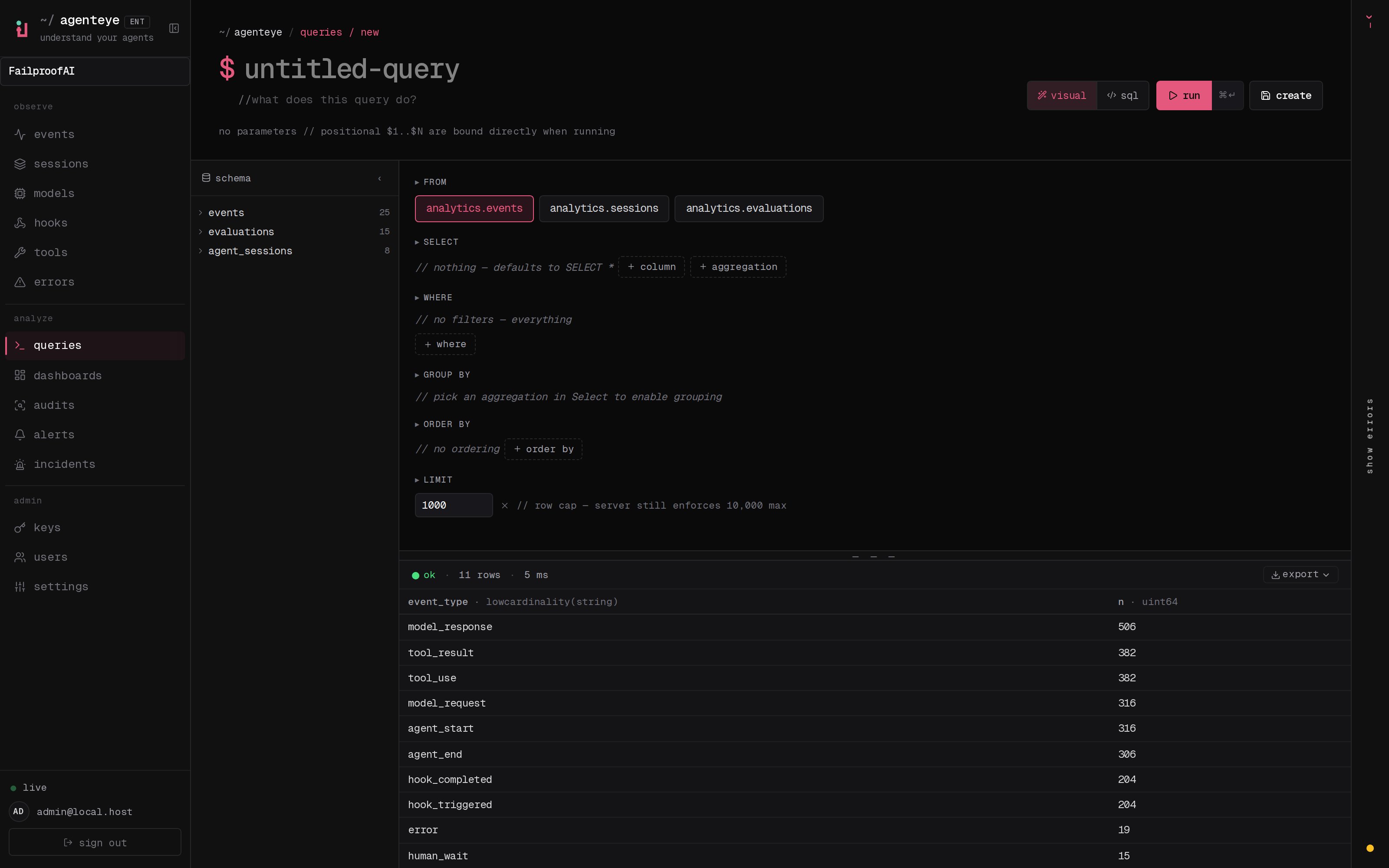 The SQL query composer running a saved query, with a schema sidebar and a live result grid