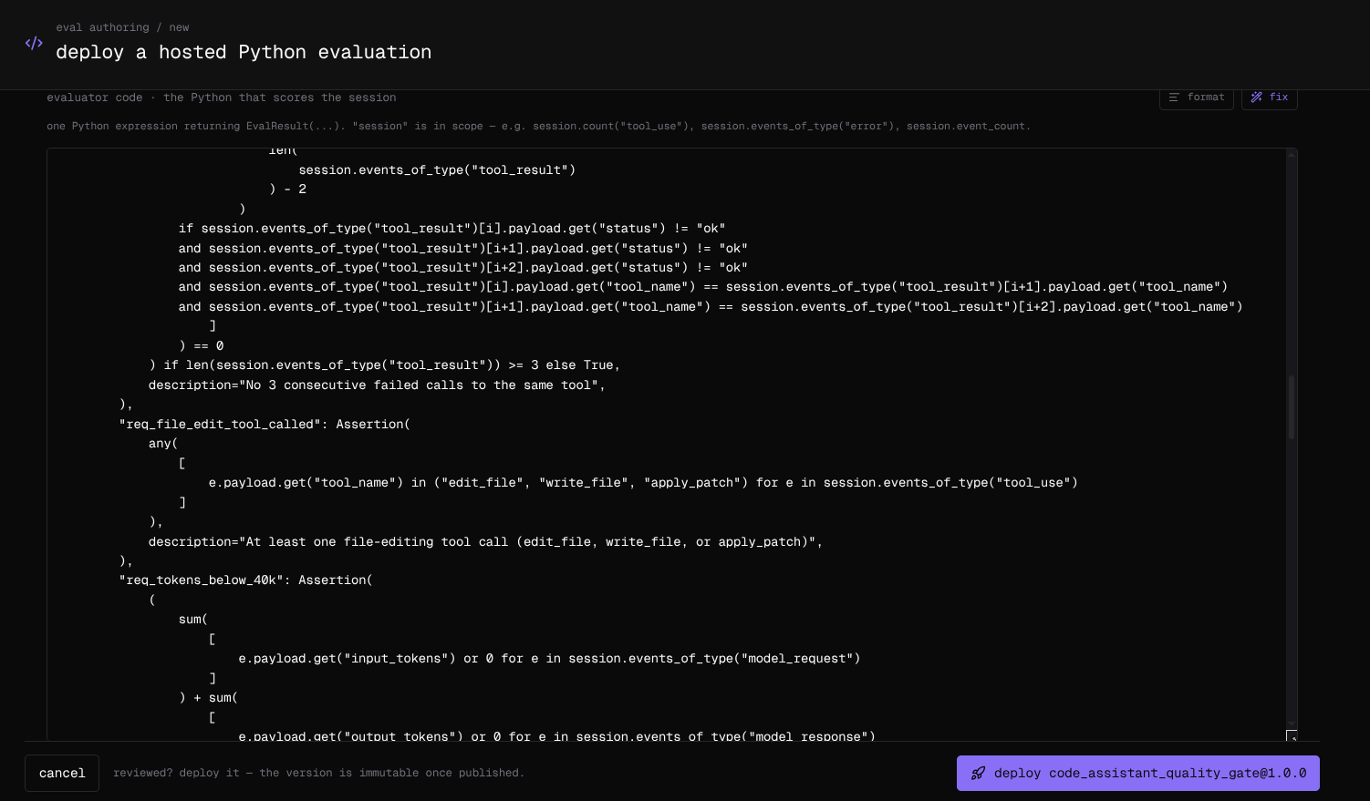 The evaluator code editor, with format and fix, showing the assertions of a drafted evaluation.