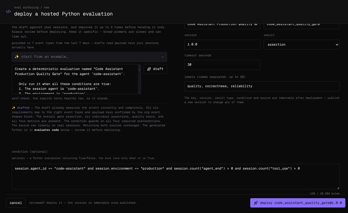 The eval authoring page with a drafted evaluation: the description, the assistant's notes on the draft, and the name, key, version, result, timeout, labels, and condition fields.