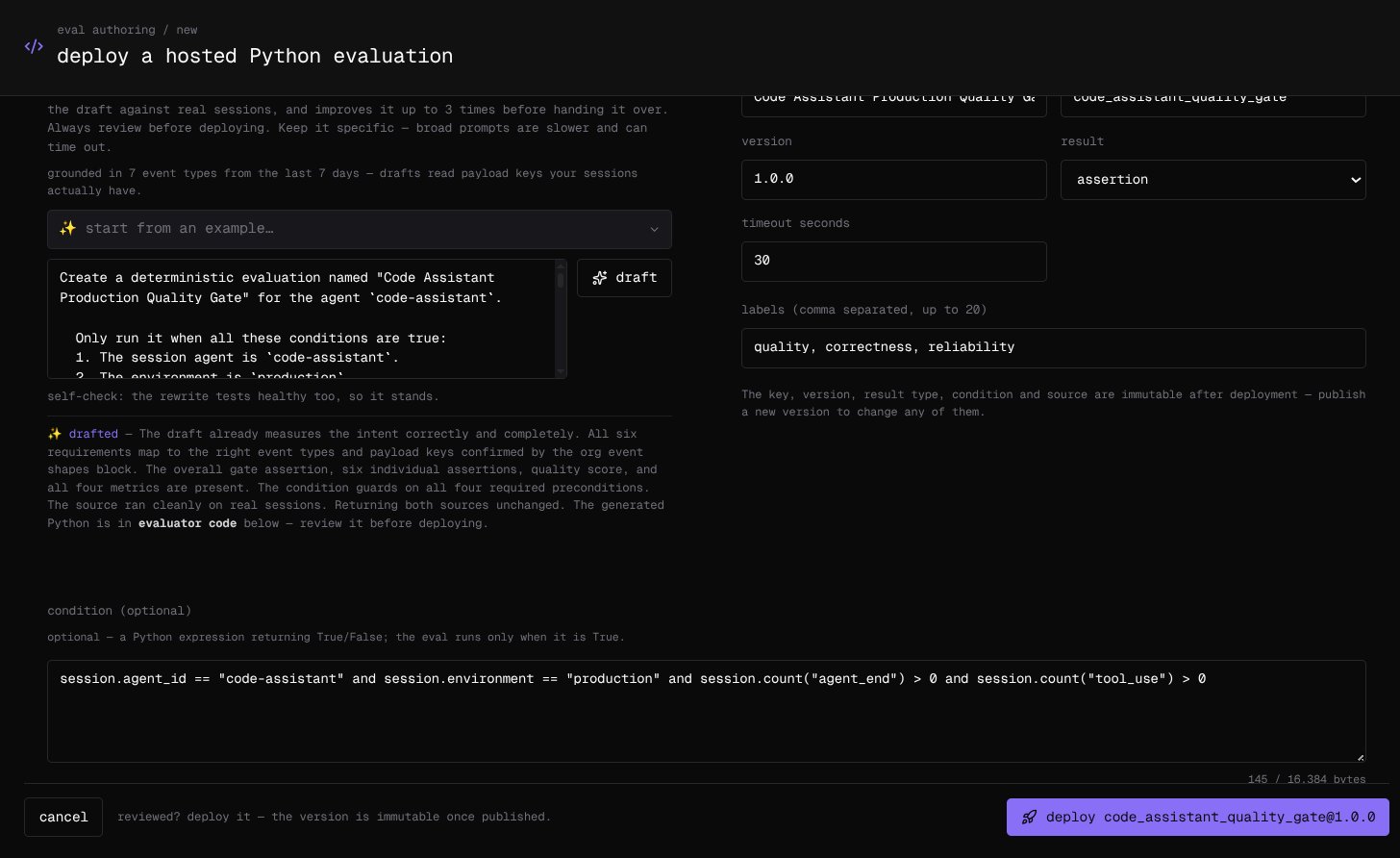 The eval authoring page with a drafted evaluation: the description, the assistant's notes on the draft, and the name, key, version, result, timeout, labels, and condition fields.