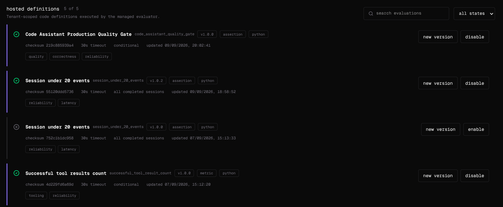 The hosted definitions list: each evaluation's name, key, version, result type, checksum, timeout, and scope, with new version and enable or disable.