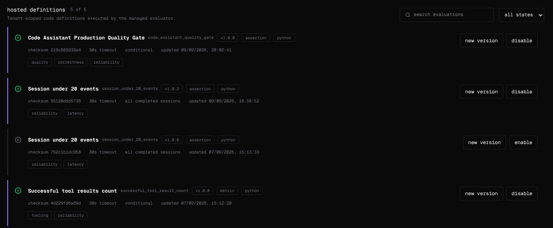 The hosted definitions list: each evaluation's name, key, version, result type, checksum, timeout, and scope, with new version and enable or disable.