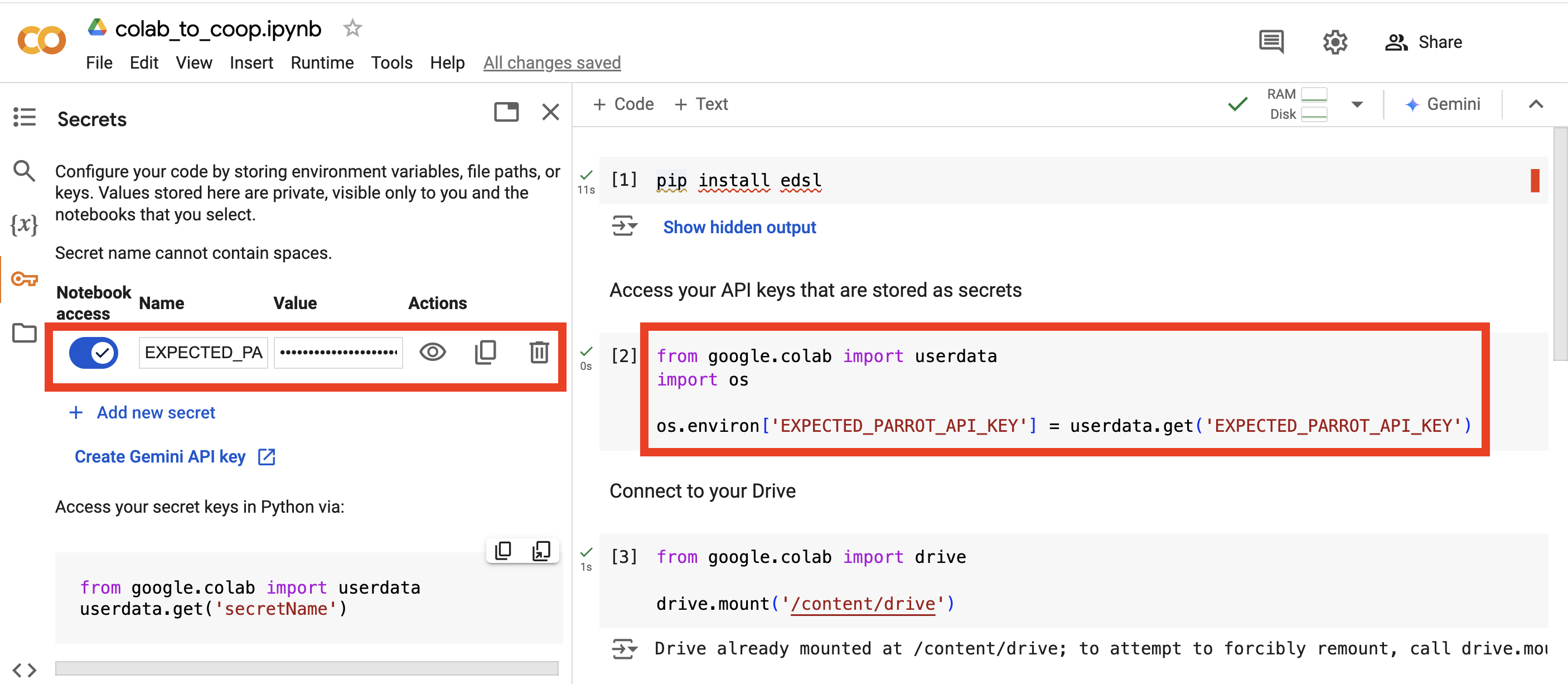 Storing API key in Google Colab