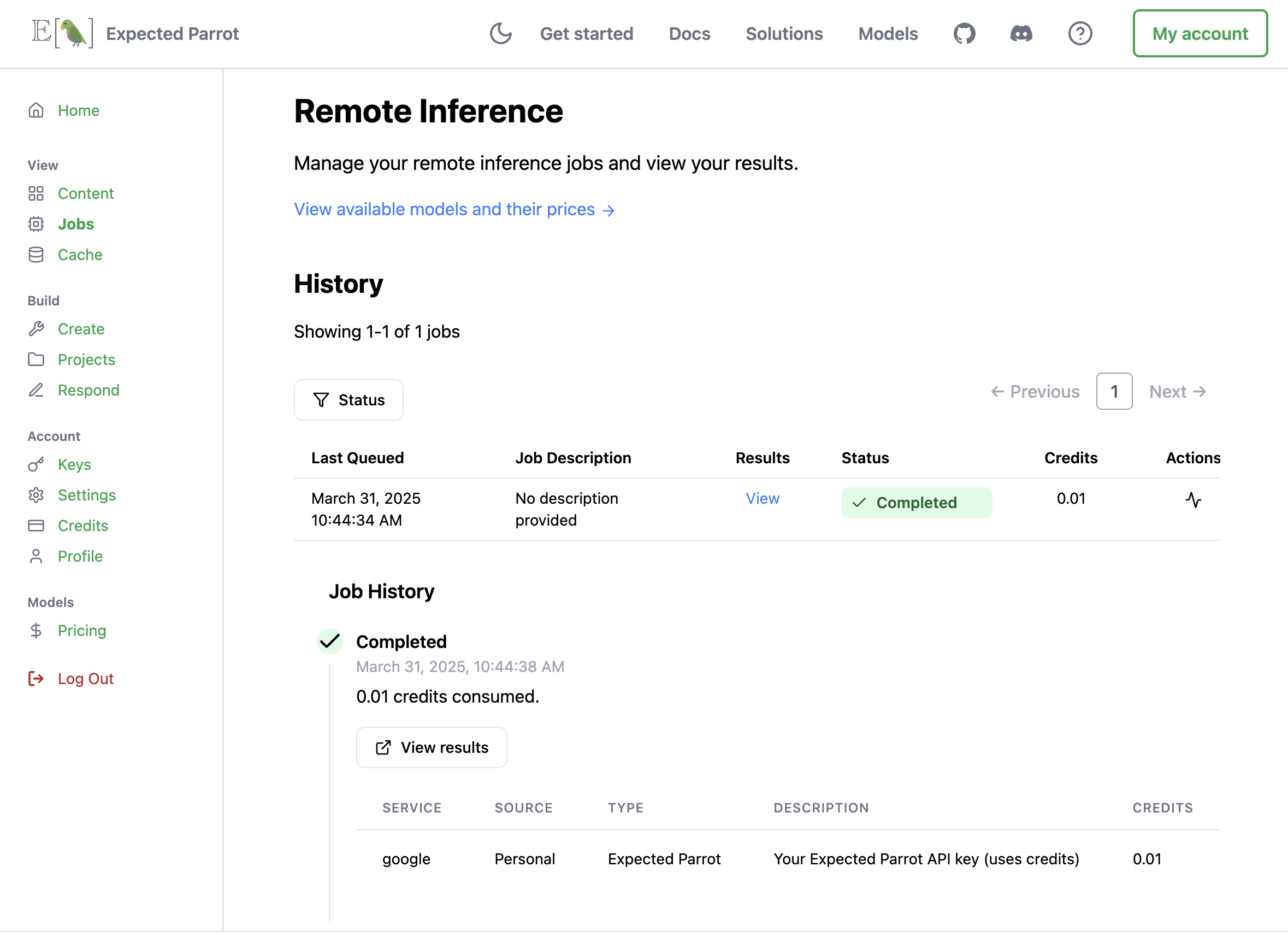 A screenshot of job history logs on the Coop web app. The job has been run using a key that has been prioritized.
