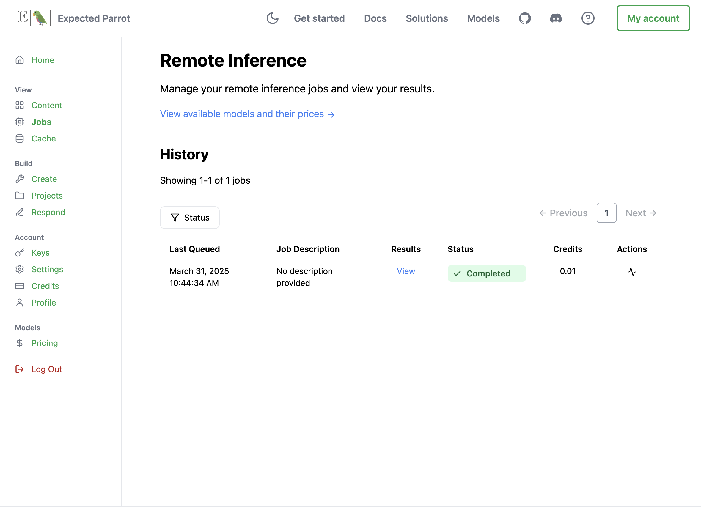 Remote inference page on the Coop web app. There is one job shown, and it has a status of "Completed."