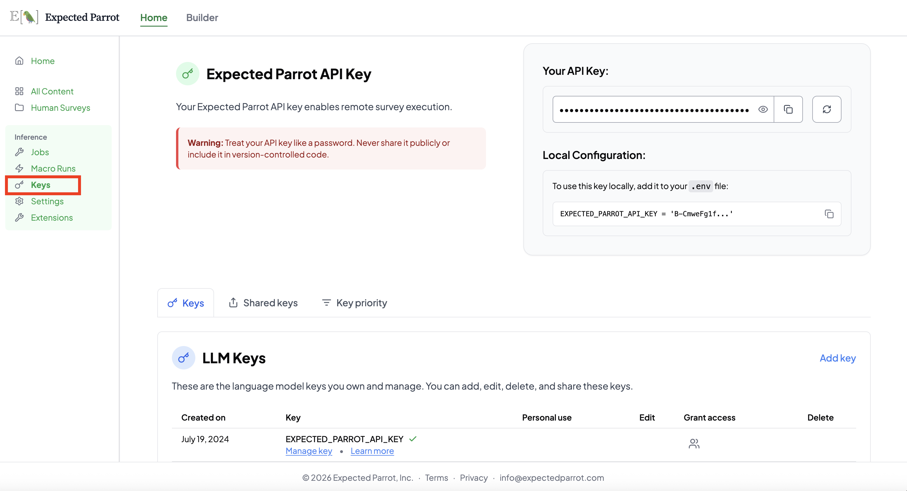Keys page showing Expected Parrot API Key and local .env configuration