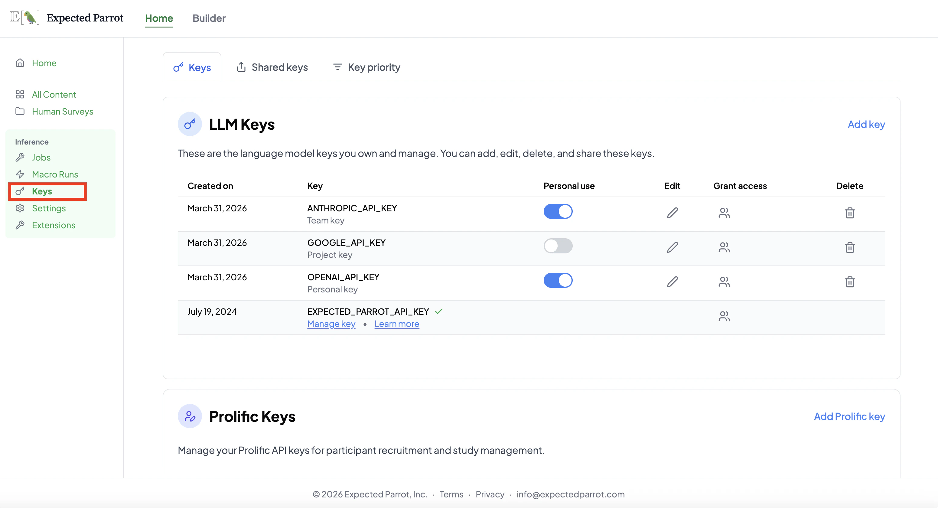 Keys page showing LLM Keys and key management options