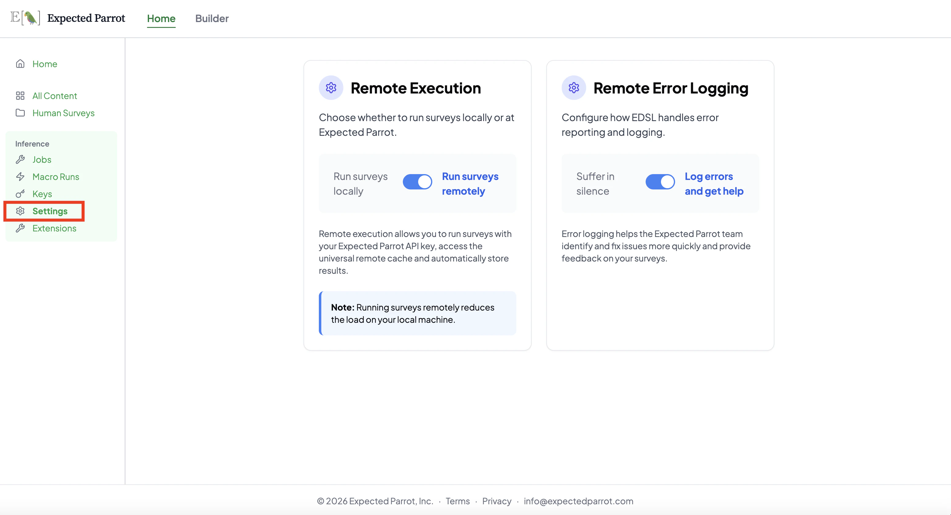 Settings page showing Remote Execution and Remote Error Logging toggles