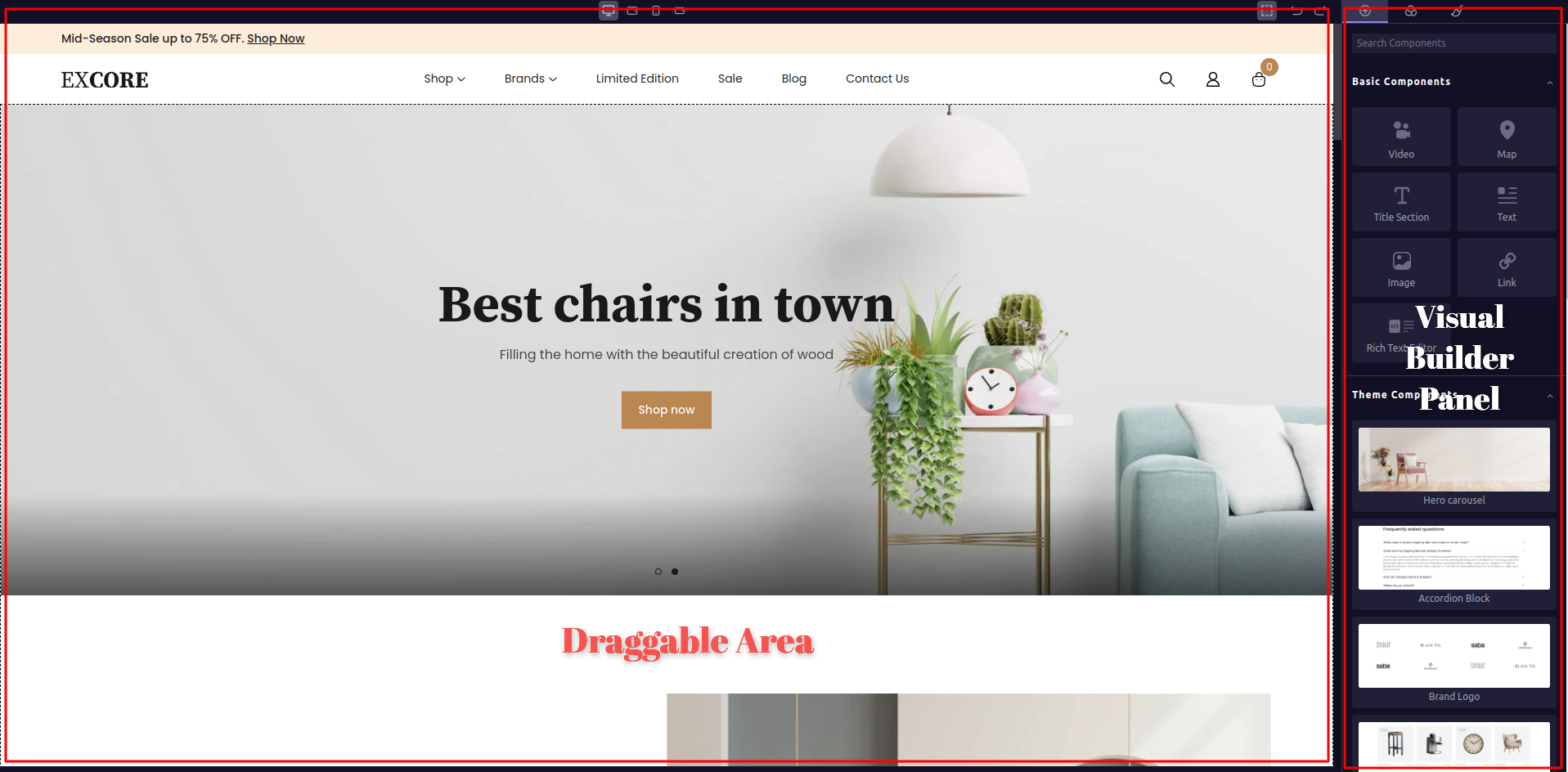 Base theme running in Experro Visual Builder mode with Draggable area on left and Visual Builder Panel on right