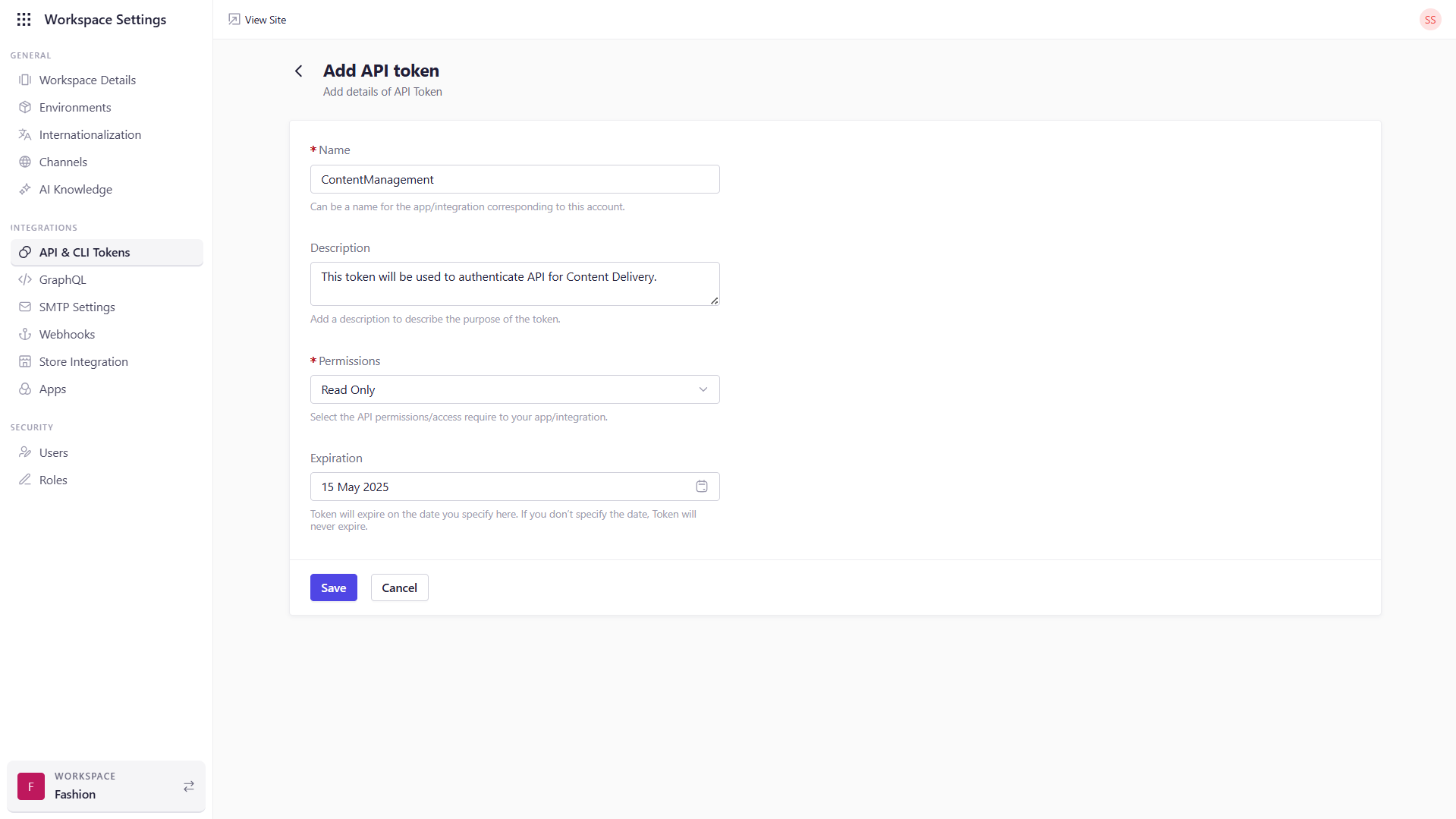 Create API Token Dialog