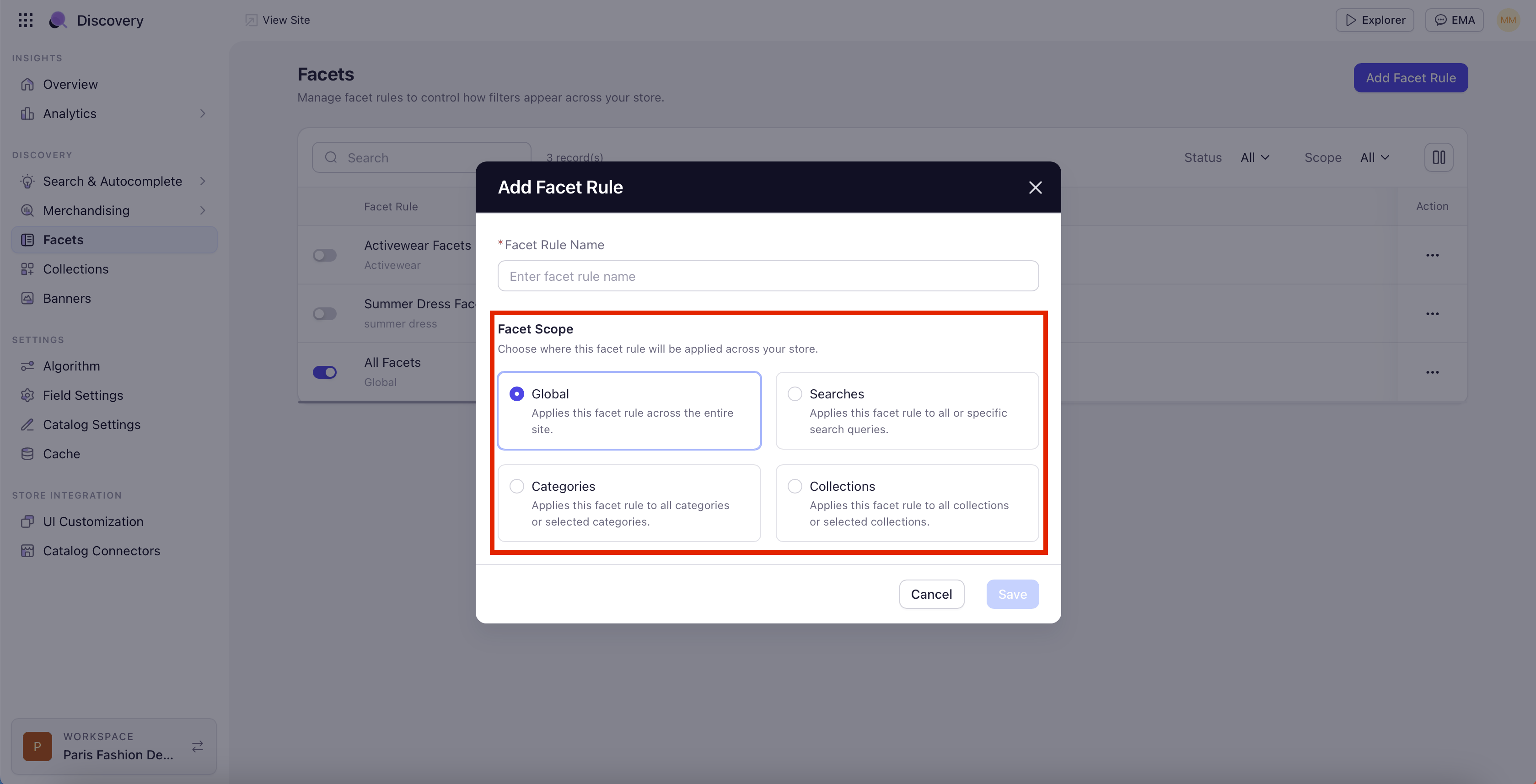 Add Facet Rule scope pop-up