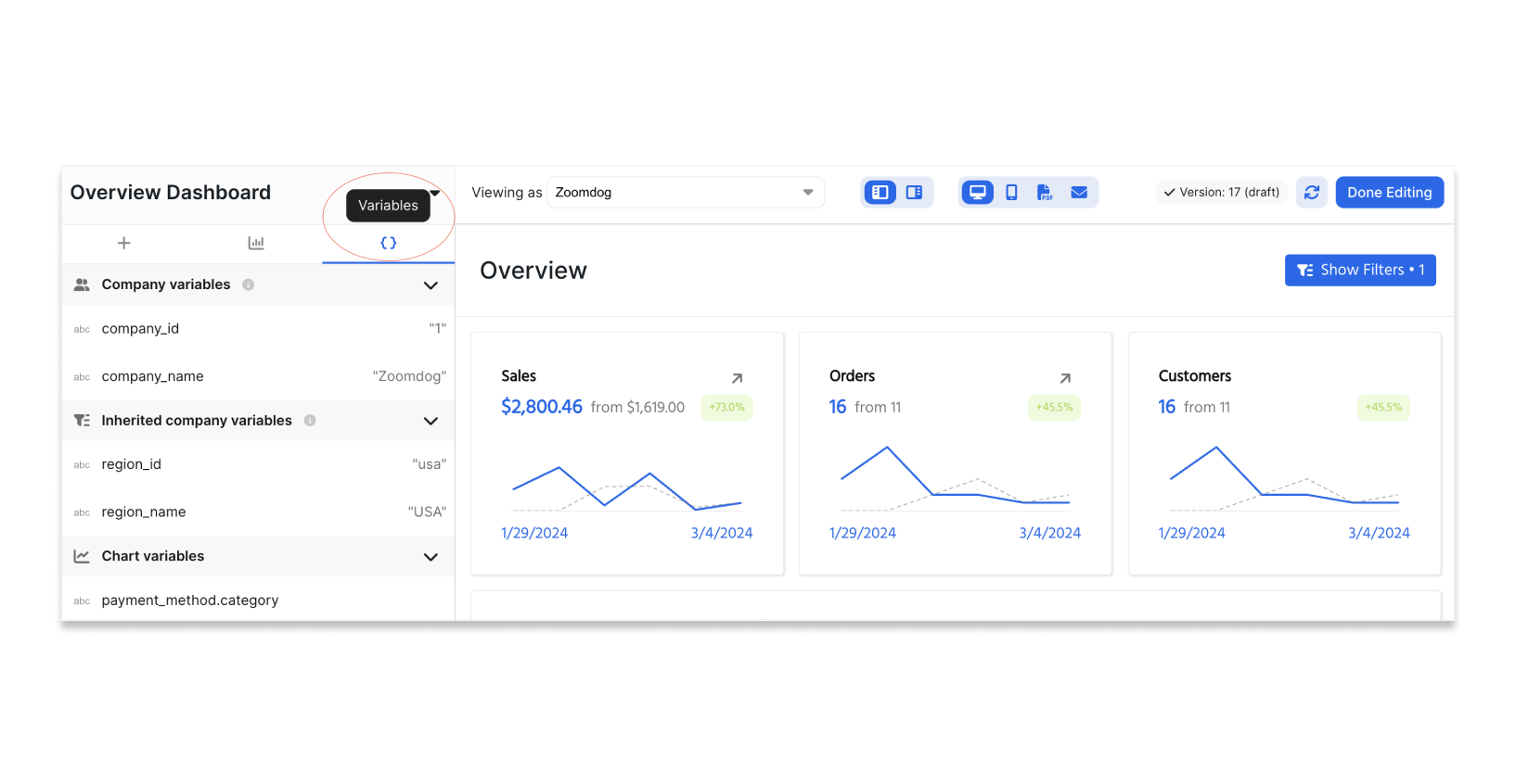 You can find all the variables you have access to by selecting the icon in the top-middle of your screen and then "Variables" on the right tab.