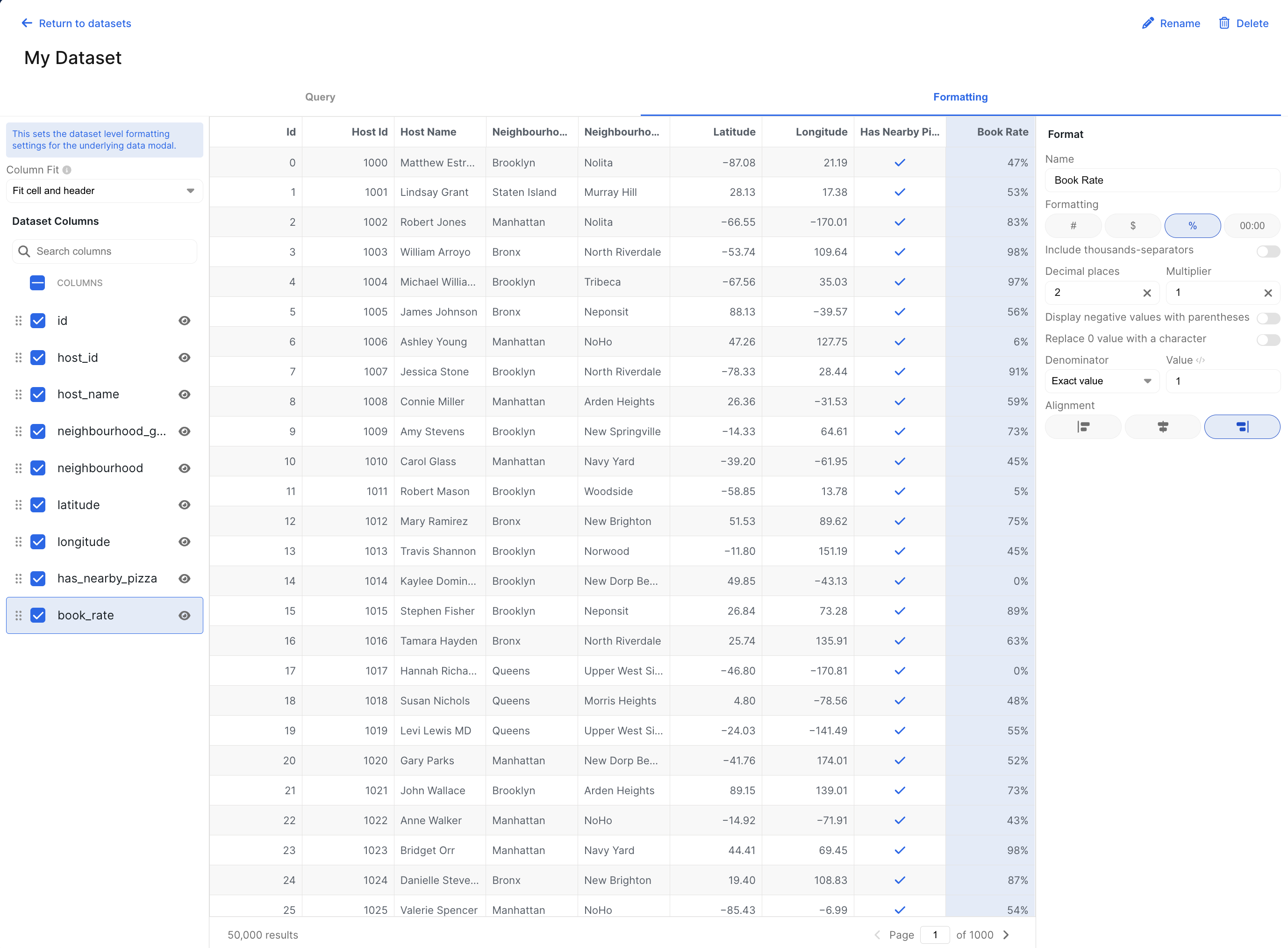 Datasets Formatting Tab