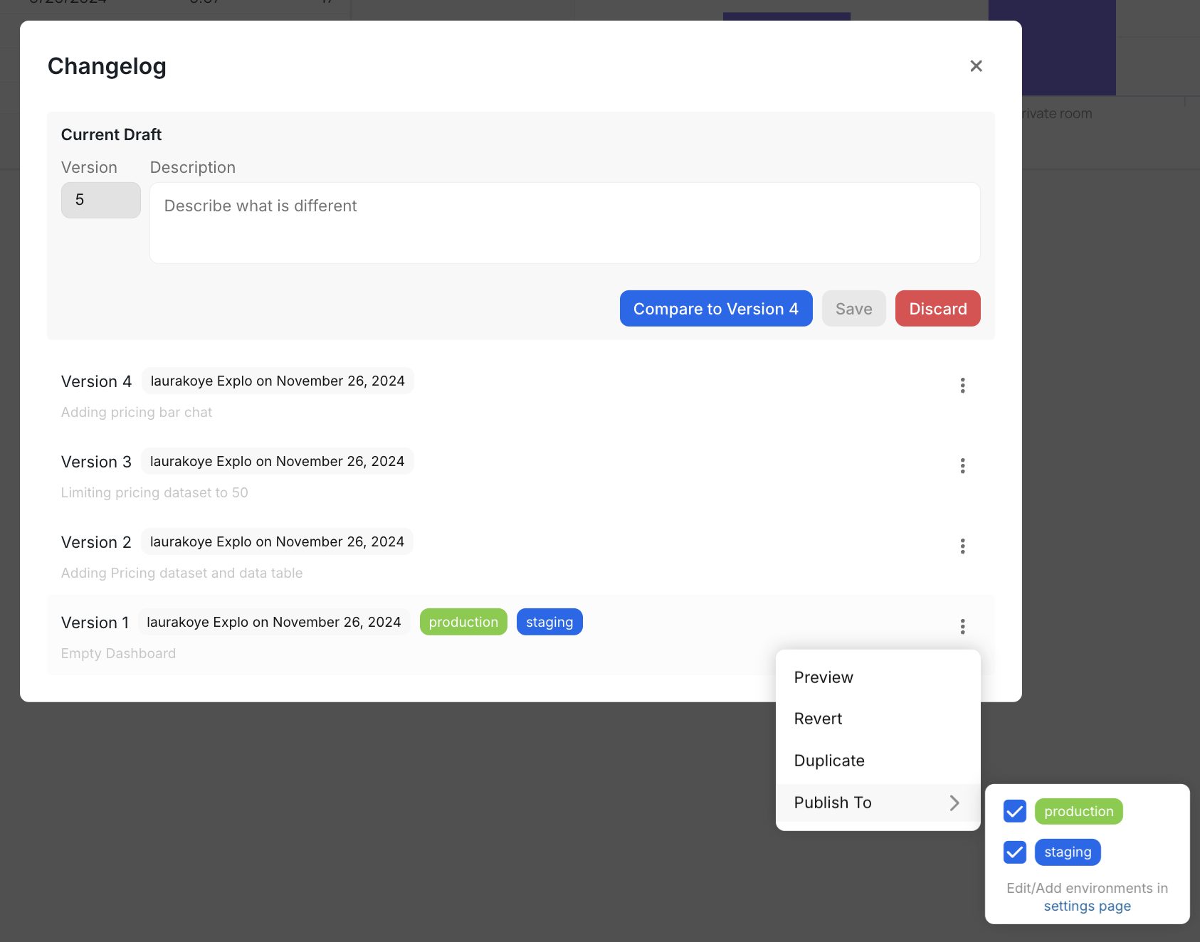 Managing environment tags in the version control modal