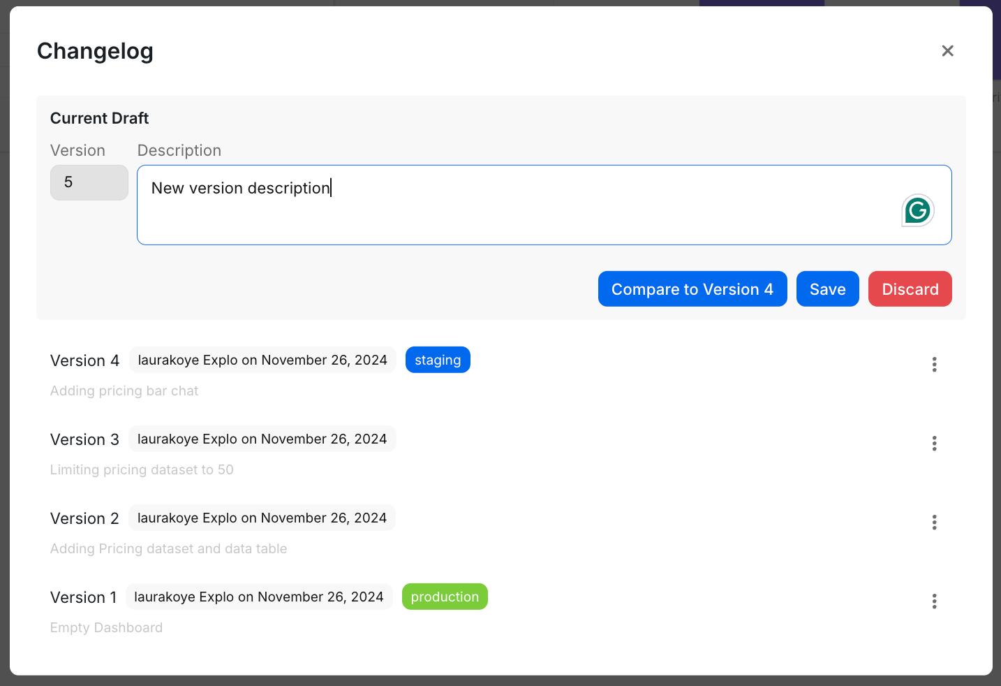 Version control modal for new version