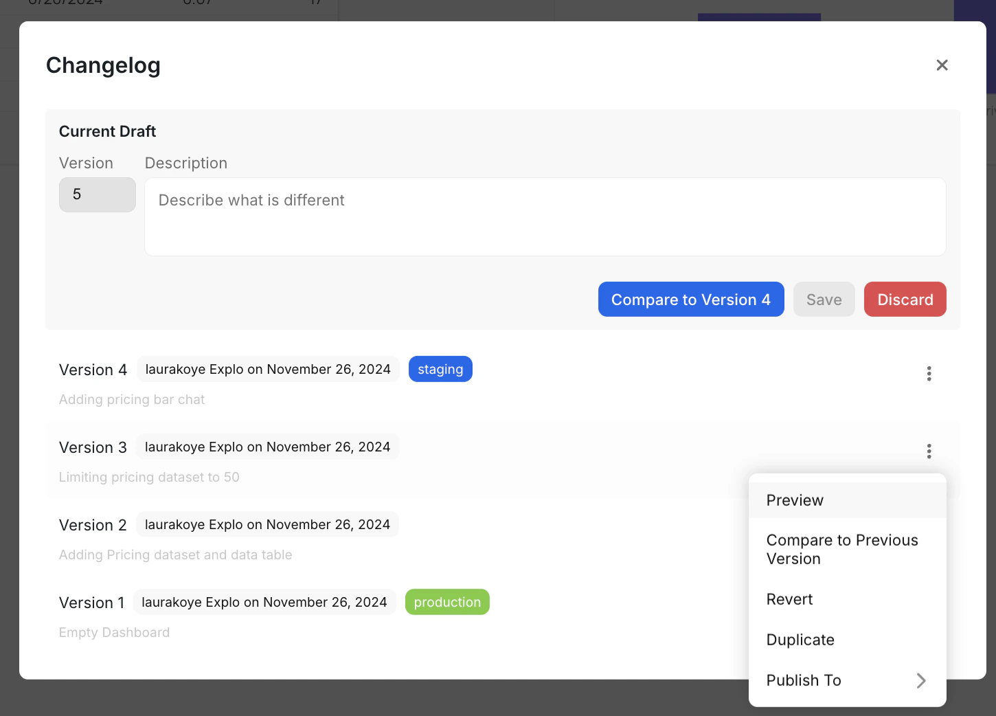 Version Control modal