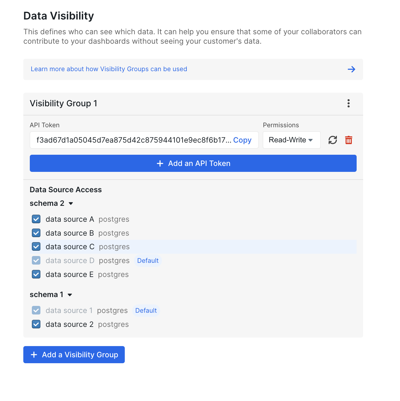 A "Visibility Group 1" data visibility group with one read-write API token