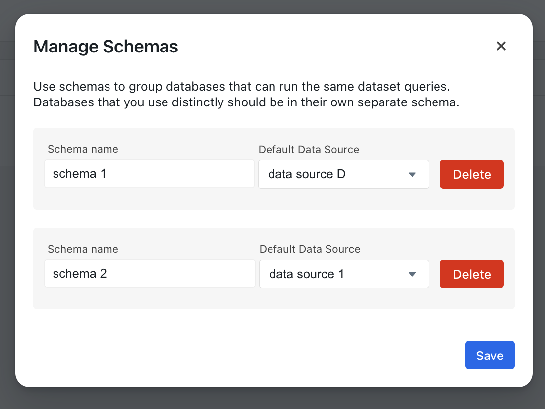 A "Manage Schemas Modal" set default data sources