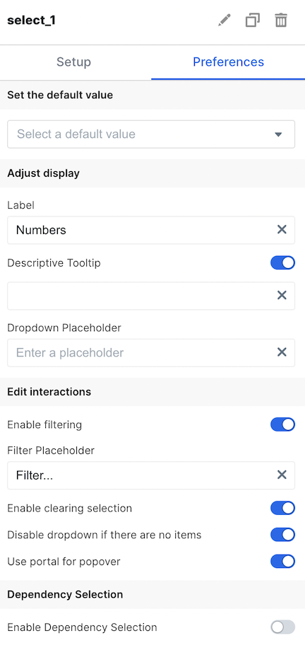 Configuration panel for dropdown
