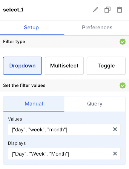 Configuration panel for dropdown