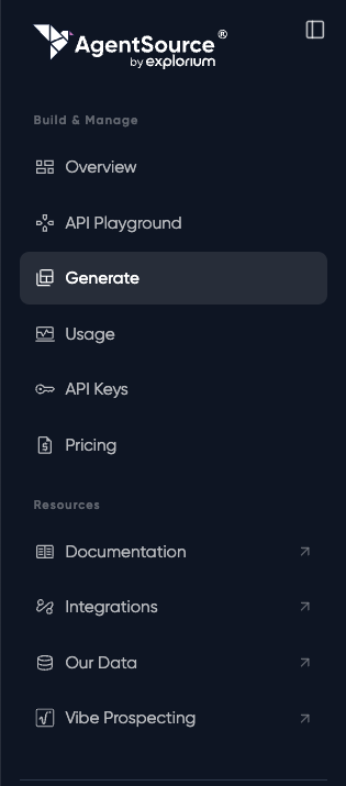 The AgentSource admin panel sidebar with the Generate entry highlighted