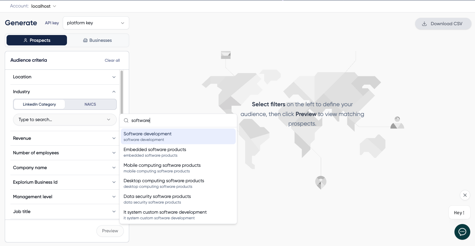 Industry filter with autocomplete suggestions for the term software