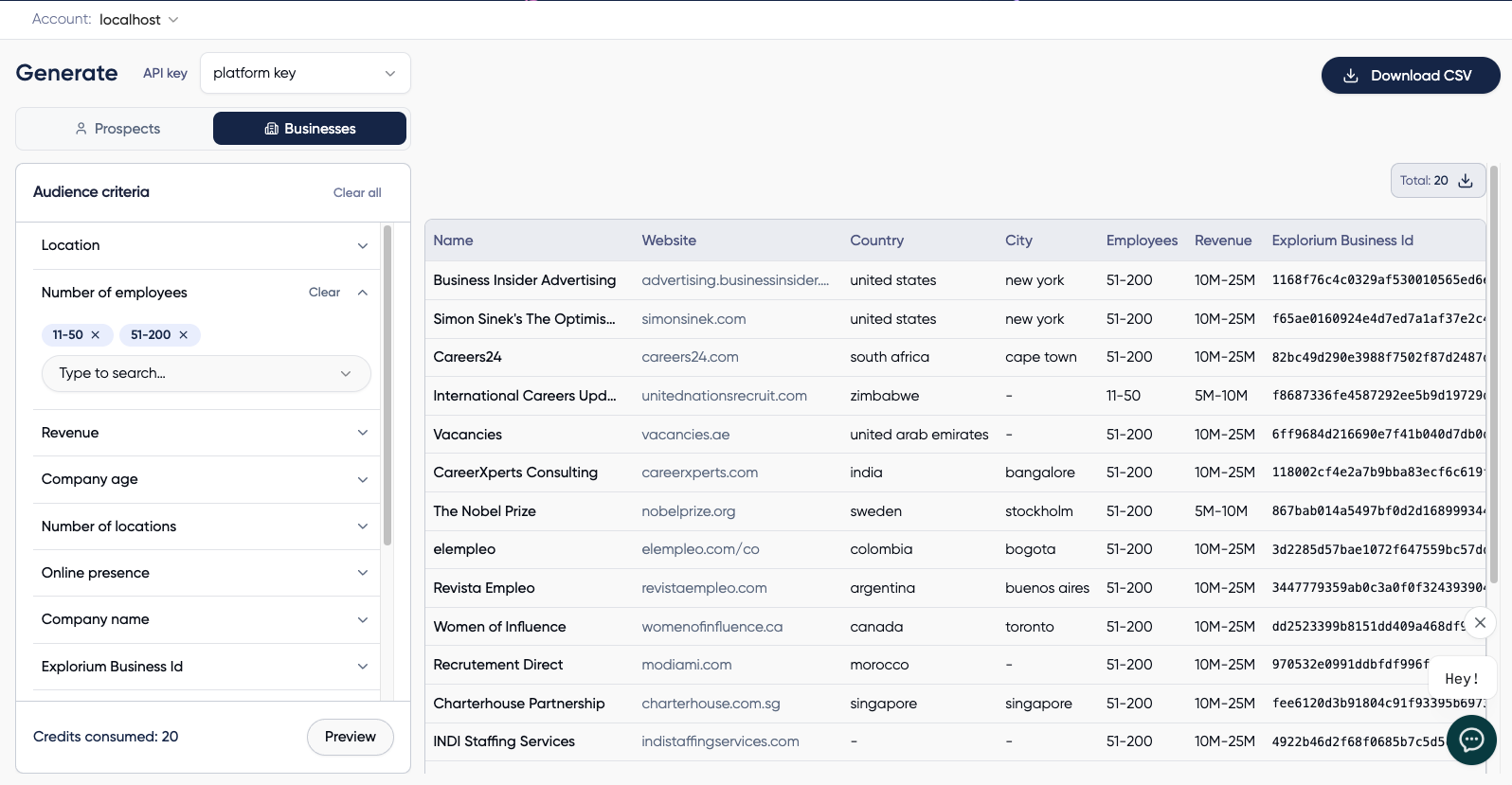 Businesses preview table with name, website, country, city, employees, revenue, and business ID columns