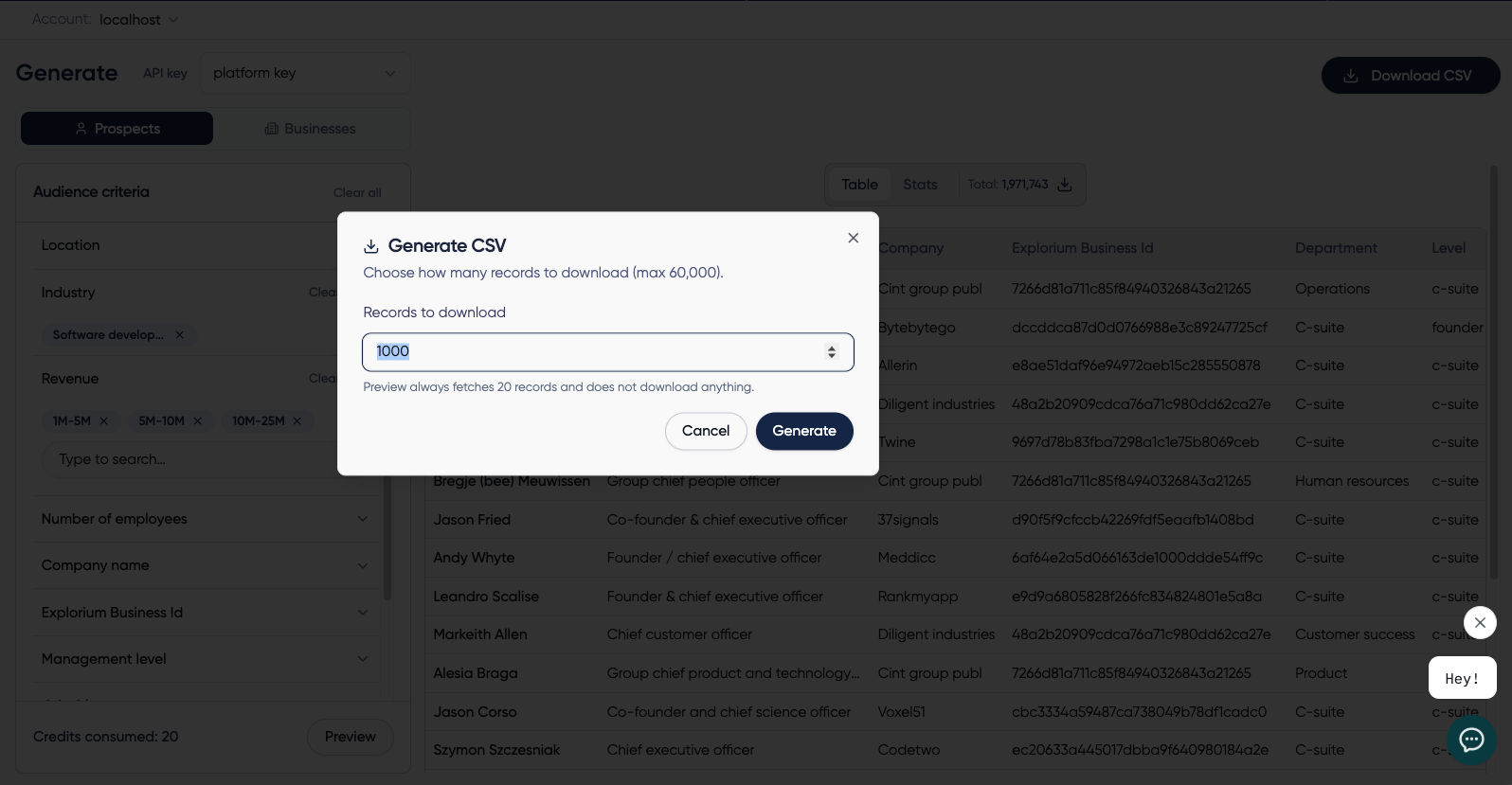 Generate CSV modal asking how many records to download, with a maximum of 60,000