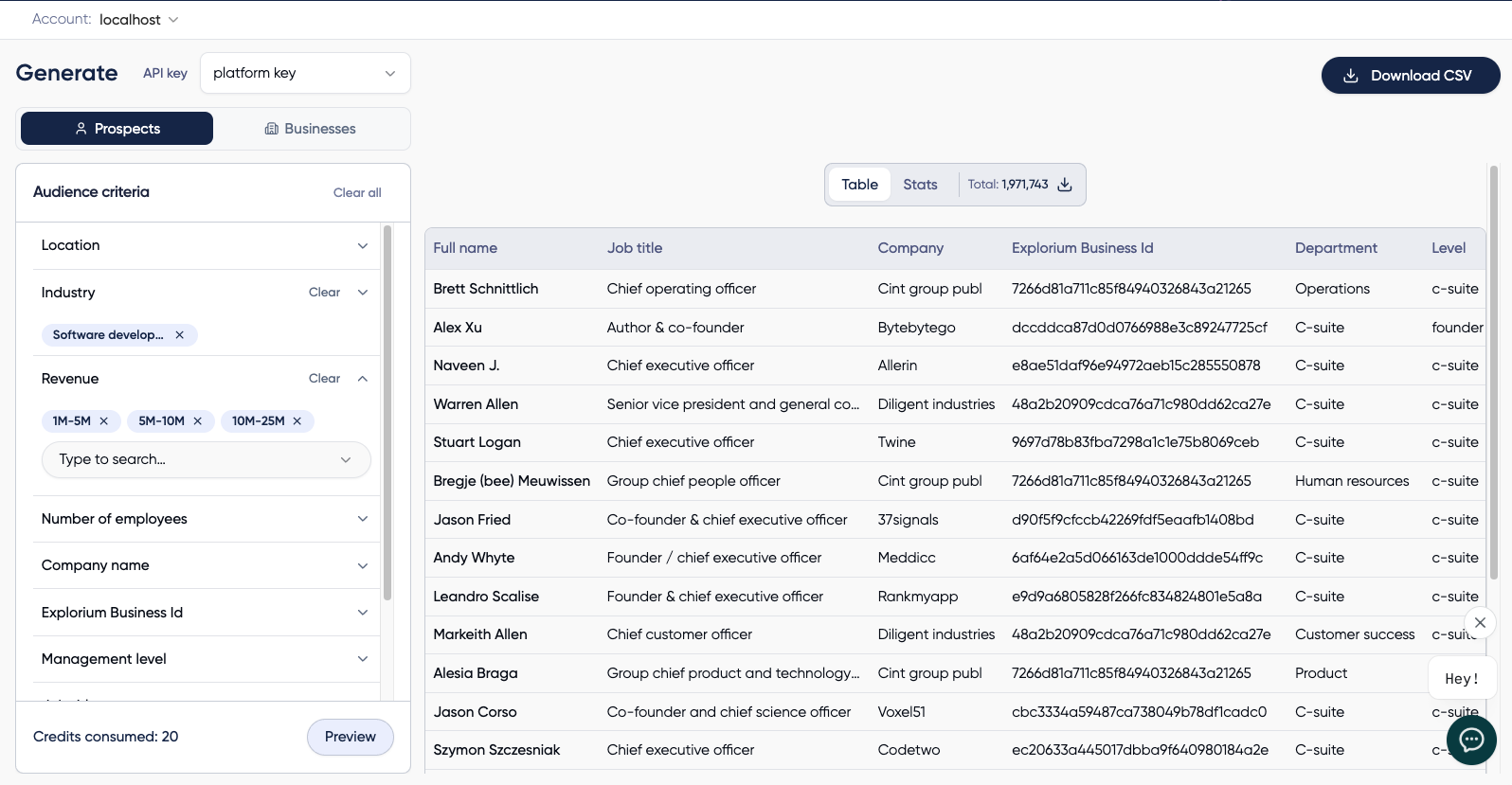 Preview table of prospects with name, job title, company, business ID, department, and level columns