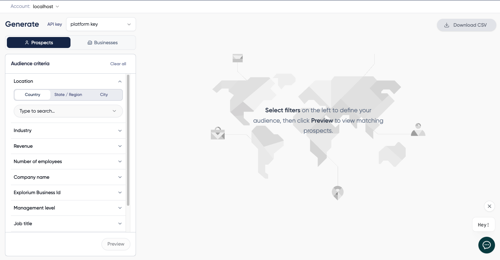 Generate with the Prospects tab active and the audience criteria filter panel open