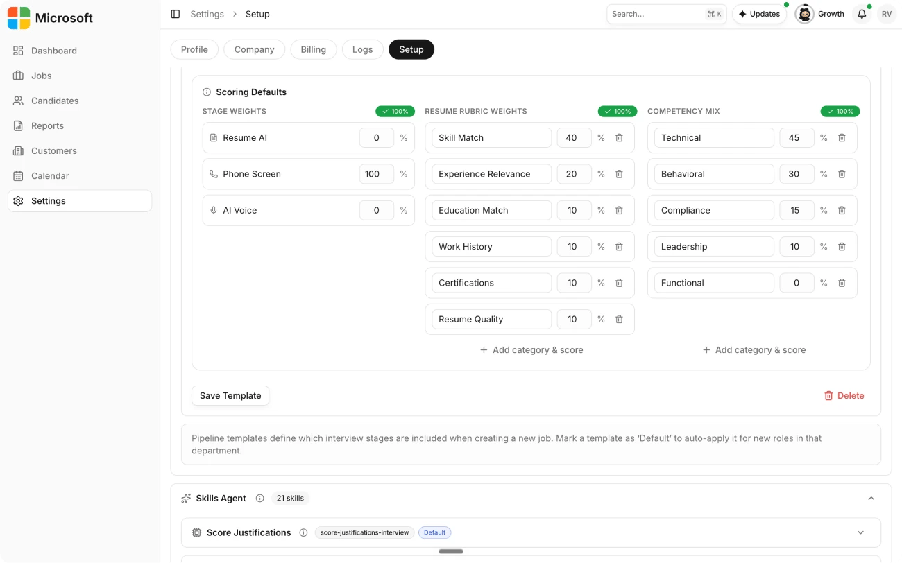 Open a template's scoring defaults