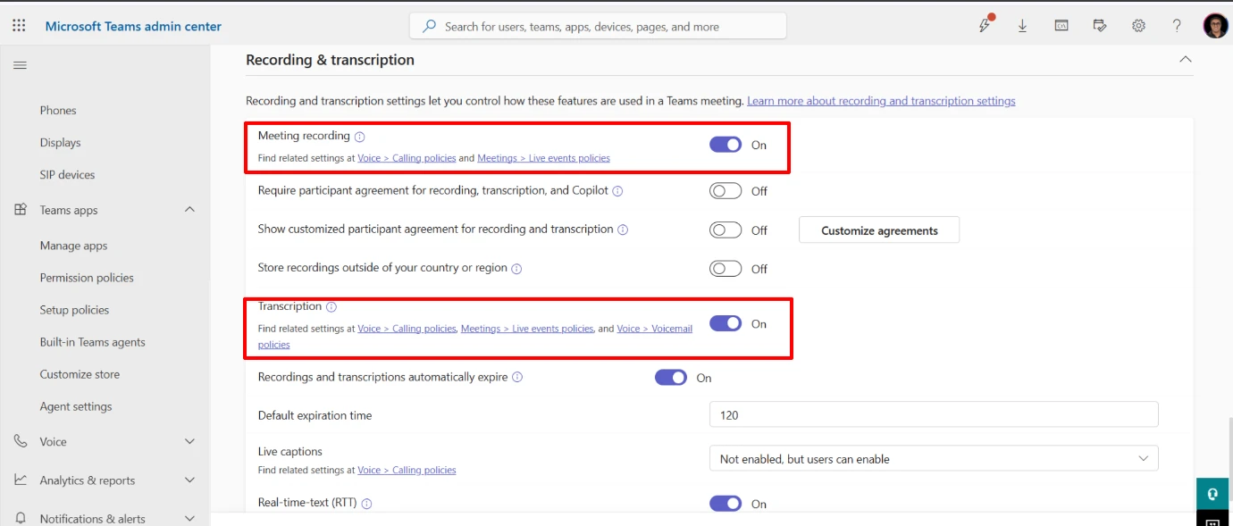 Recording and transcription policy in the Teams Admin
Center
