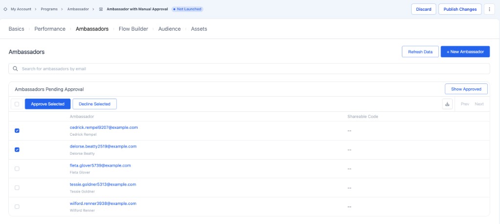 Ambassadors Pending Approval table with two applicants selected and Approve Selected enabled.