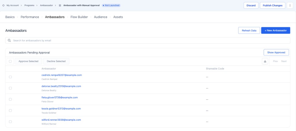 Ambassadors Pending Approval table with disabled Approve Selected and Decline Selected buttons and a Show Approved toggle.