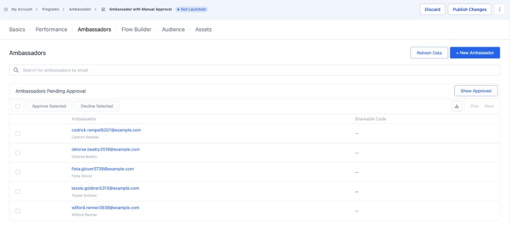 Ambassadors Pending Approval table with disabled Approve Selected and Decline Selected buttons and a Show Approved toggle.