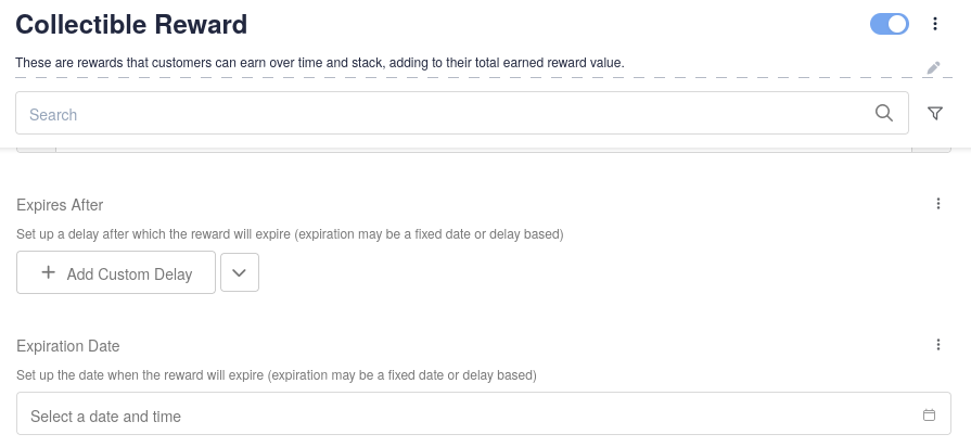 Collectible Reward settings showing Expires After with Add Custom Delay, and Expiration Date with a date and time picker.
