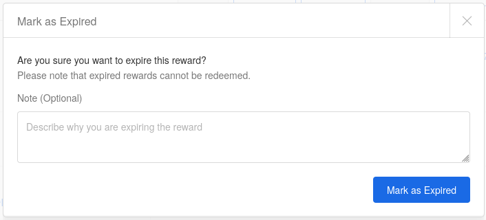 Mark as Expired dialog stating that expired rewards cannot be redeemed, with an optional note and a Mark as Expired button.
