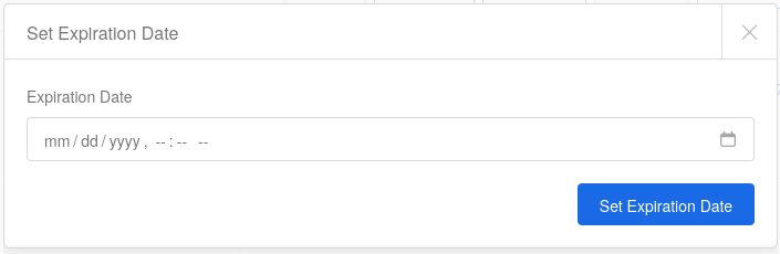 Set Expiration Date dialog with an Expiration Date field and a Set Expiration Date button.