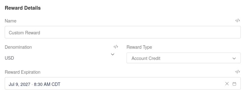 Reward Details on a custom reward supplier, with Reward Expiration set to July 9, 2027 at 8:30 AM CDT.