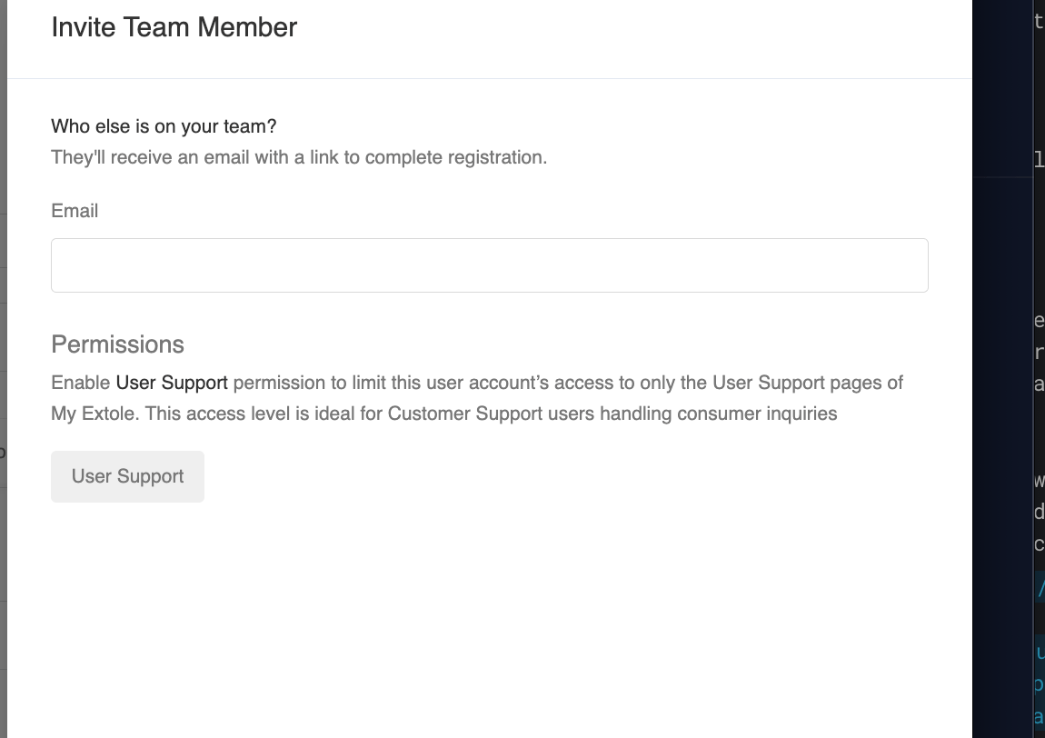 The Invite Team Member drawer with an email field and a User Support permission option.