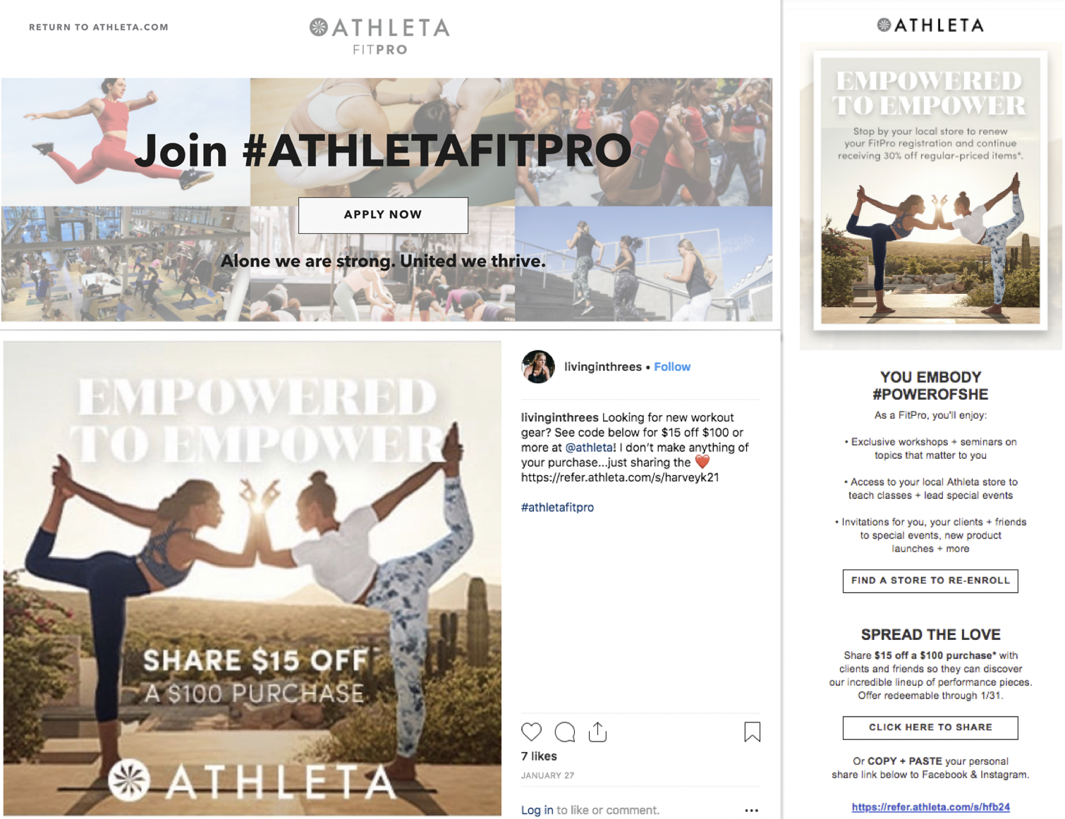 Screenshot showing Athleta promoted their Ambassador program to fitness instructors. The program streamlined communication with instructors to allowed them to more directly...