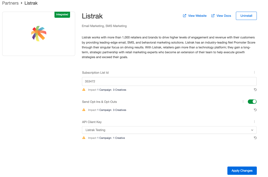 Screenshot showing Select Apply Changes and you're all set! Extole will now automatically send the emailAddress and SubscriptionStatefor any users who opt-in and opt-out of...
