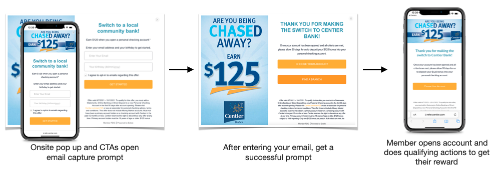 Screenshot showing Your team can market these programs in-branch, online, or through outbound channels. Welcome Offer links drive new members to an email capture page, where...