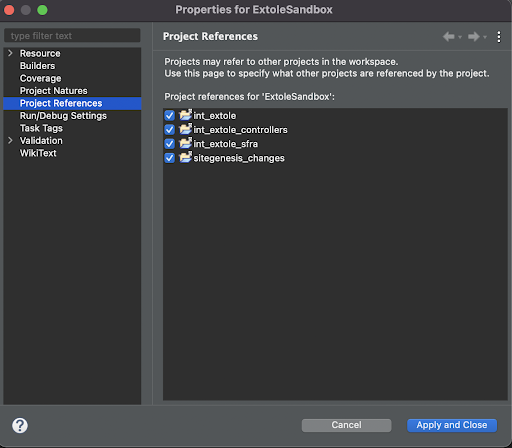 Screenshot showing In the Properties menu, select Project References and check int\extole and int\extole\sfra.